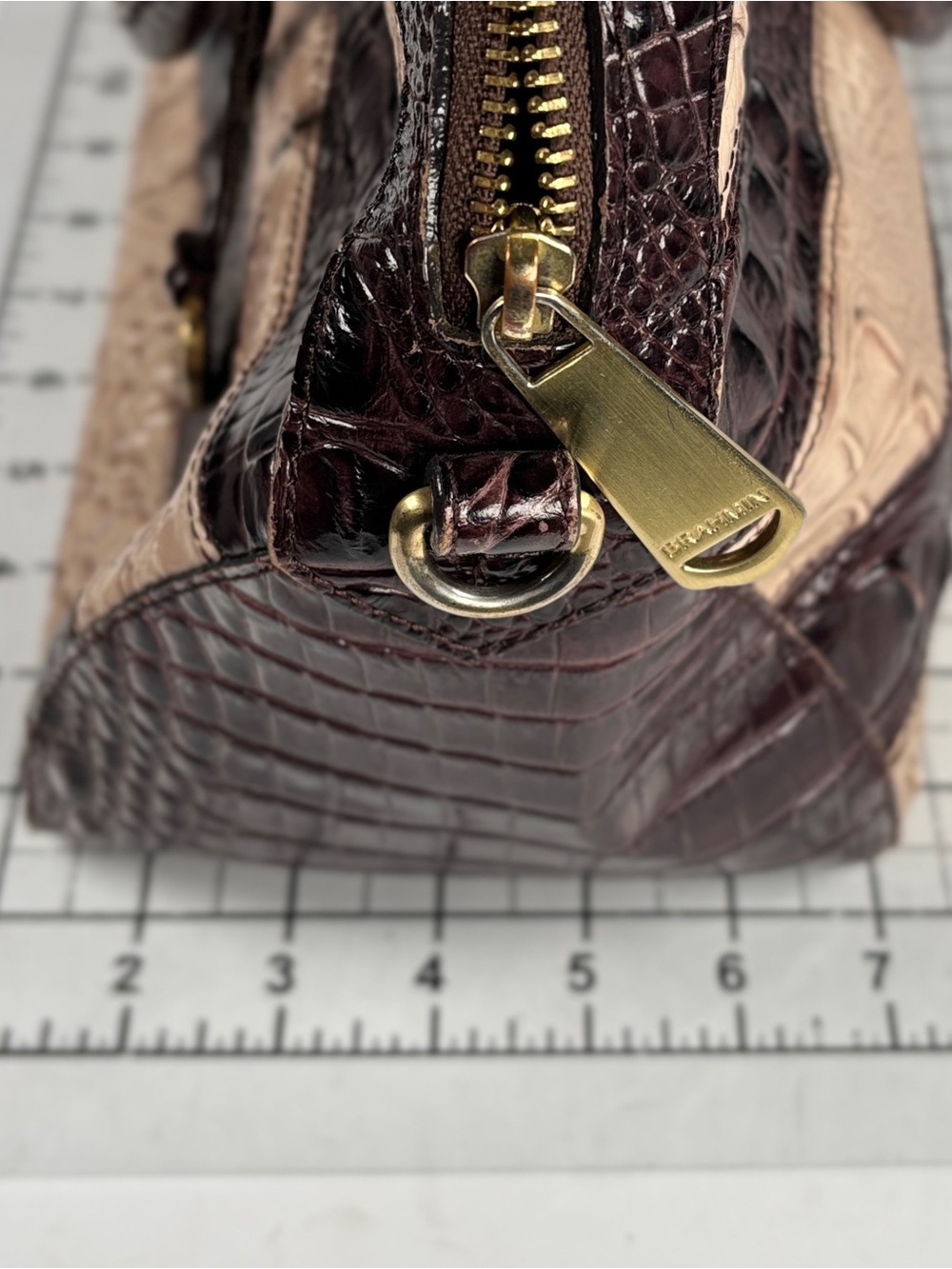 Brahmin Striped Dome Croc-Embossed Satchel Bag in Dark Brown and Beige - Picture 7 of 16